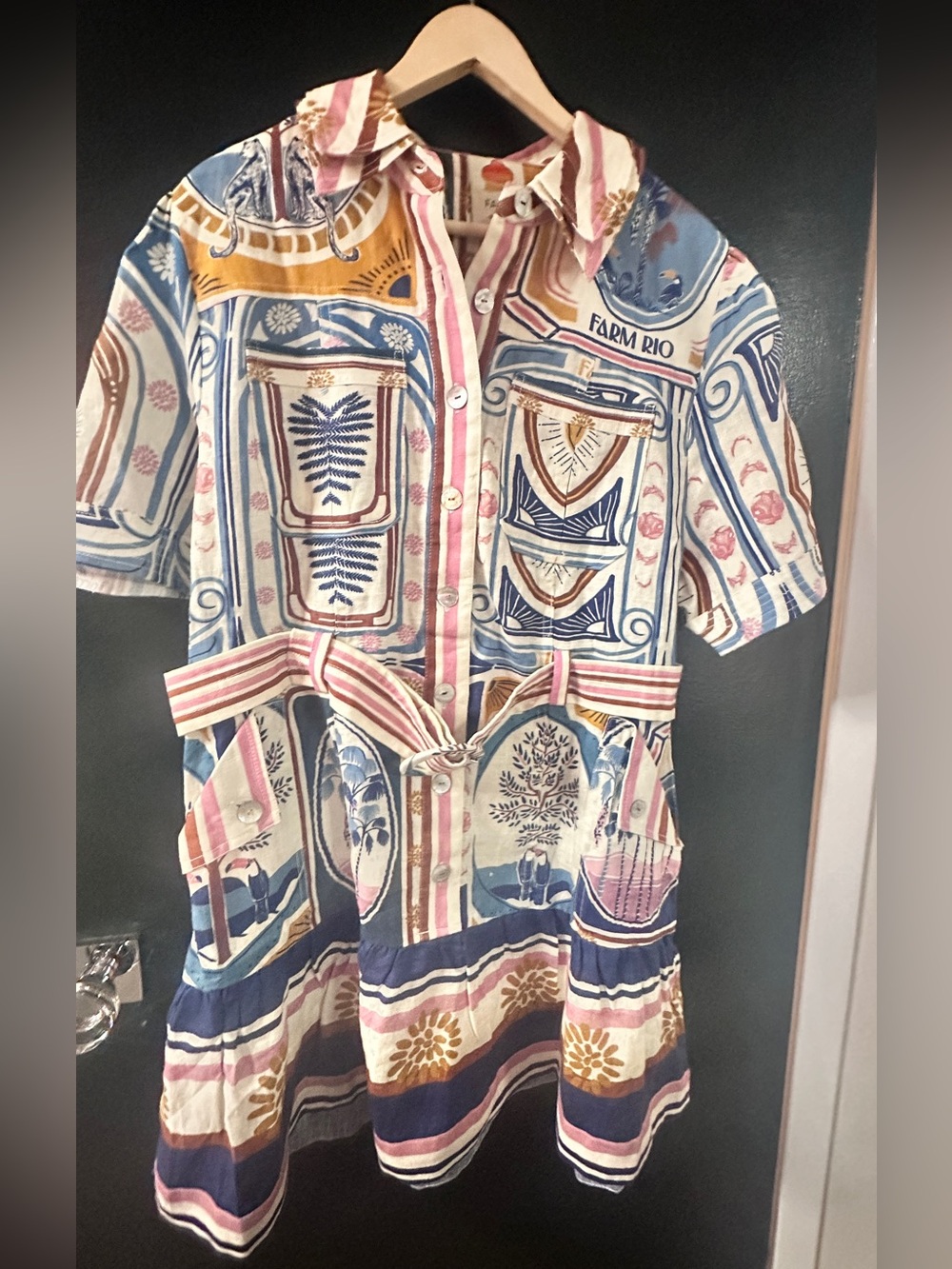 FARM Rio Multicolor Printed Belted Shirt Mini Dress - Blue, Pink, White, Gold - Picture 6 of 15